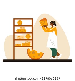 Young lady in white coat and protective clothes holding big piece of cheese and carries it to storage rack. Concept of cheese making process in factory. Vector illustration in flat design