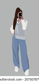 A young lady in wide jeans, light-colored boots, a white shirt and a gray waistcoat. Vector flat image of a lady with a tail. Design for cards, posters, backgrounds, avatars, templates, postcards, tex