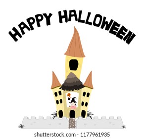 Young lady witch and cute pumpkin on castle with happy halloween text illustration vector