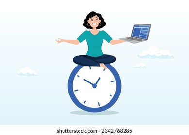 Mujer joven que trabaja con una laptop mientras hace yoga o meditación en la cara del reloj, horarios flexibles de trabajo, equilibrio de vida laboral o enfoque y manejo del tiempo mientras trabaja desde el concepto del hogar (Vector)