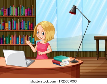 Young lady working from home illustration