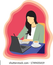 A young lady is writing a note in front of the laptop
