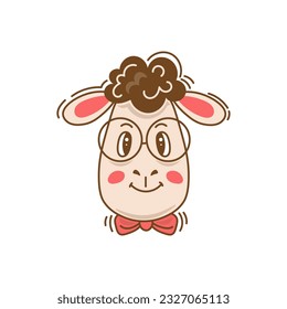 Young lamb with glasses. Cute diligent sheep portrait with curly hair, blush and bow tie in cartoon style. Childish vector illustration. School mascot character