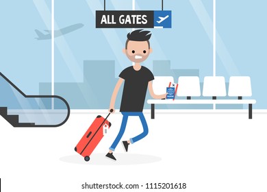 Young late passenger running through the airport terminal, holding the luggage, documents and boarding pass. Travel. Flight. Tourist. Concept. Flat editable vector illustration, clip art