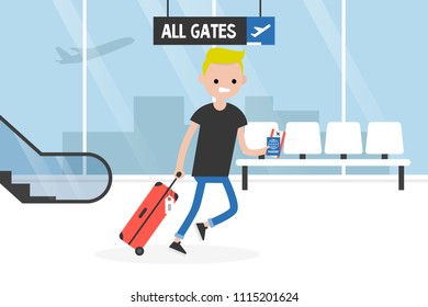Young late passenger running through the airport terminal, holding the luggage, documents and boarding pass. Travel. Flight. Tourist. Concept. Flat editable vector illustration, clip art