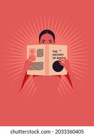 A young Latin American  woman is standing and holding a book in her hands. Libraries and bookstores. Vector flat illustration