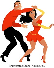 Young Latin couple dancing salsa, EPS 8 vector illustration, no transparencies, isolated on white