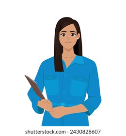 Young Latin woman mechanic in blue workwear holding clipboard with document. Flat Vector Character Illustration Isolated on White Background