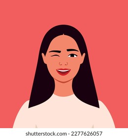 Young latin woman is winking. Avatar. Portrait. Human emotions. Playful. Funny. Support. Female. Flat style