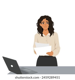 Young latina business woman holding paperwork in her office. Flat vector illustration isolated on white background