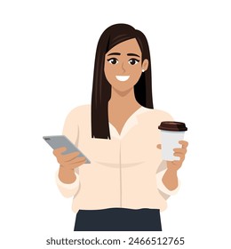 Young Latina woman looking smart phone and drinking coffee or tea. Flat vector illustration isolated on white background