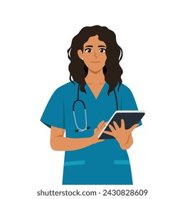 Young latina Woman Nurse Using Digital Tablet. Flat vector illustration isolated on white background