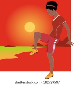 Young Latina woman playing football with a sun, sea shore landscape on the background, vector illustration