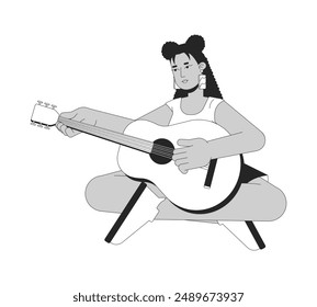 Young latina woman playing guitar black and white 2D cartoon character. Hispanic female guitarist musical instrument isolated vector outline person. Strumming strings monochromatic spot illustration