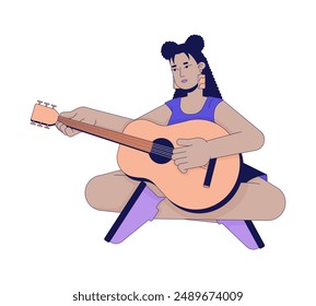 Young latina woman playing guitar 2D cartoon character. Hispanic female guitarist musical instrument isolated flat vector person white background. Girl strumming strings color spot illustration