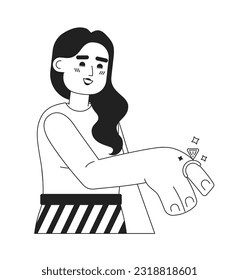 Young latina woman showing engagement ring monochromatic flat vector character. Future wife proposal. Editable thin line full body person on white. Simple bw cartoon spot image for web graphic design