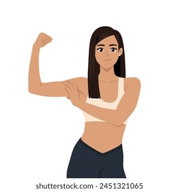 young latina woman showing hands muscles flexing her bicep with sports wear. Flat Vector Illustration Isolated on White Background