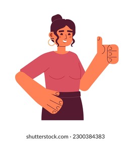 Mujer latina joven con el dedo pulgar hacia arriba de carácter vector colorido semi plano. Niña hispana emocionada dando aprobación. Media persona de cuerpo editable en blanco. Ilustración simple de dibujos animados para el diseño gráfico web