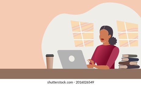 Young Latina woman using laptop at home or office. Education or office work concept. Table with books and takeout cup of coffee