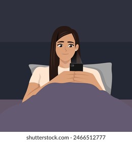 Young Latina woman using the smart phone on the bed before she sleeping at night. Flat vector illustration isolated on white background