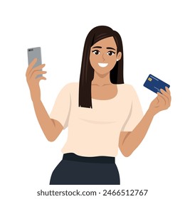 Young Latina Woman Using Smartphone Shopping Online Holding Credit Card. Flat vector illustration isolated on white background