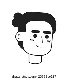 Young latino man with bun black and white black and white 2D vector avatar illustration. samurai hairstyle guy outline cartoon character face isolated. Relaxed flat user profile image, portrait