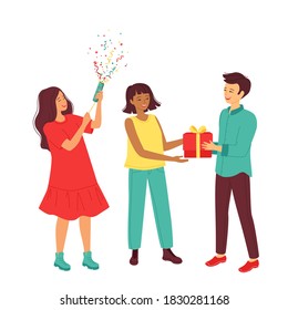 Young laughing women congratulate the man and give a gift. Concept celebrating birthday, win, victory, holiday, new year, christmas in multinational multicultural groups. Isolated vector illustration