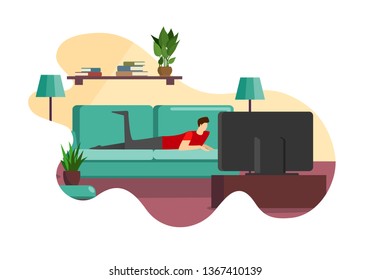 Young Lazy Man in Home Clothing Lying on Comfortable Couch in Front of Television Screen in Living Room Enjoying Pleasant Leisure Time Alone, Procrastination. Cartoon Flat Vector Illustration. Icon.