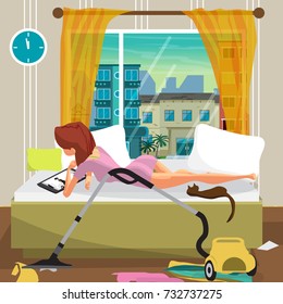 Young lazy woman lies on the bed and looks at the movie on the tablet. Lazy housewife and mess in the bedroom. Flat cartoon vector illustration