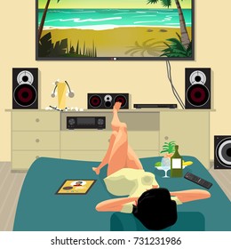 Young lazy woman is lying on the couch and watching a movie on TV. Lazy housewife and mess in the living room. Flat cartoon vector illustration