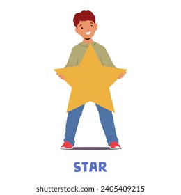Young Learner Holds A Star Shape, Little Boy Character Embracing The Concept Of Geometry With Curiosity And Wonder, Exploring The World Of Shapes And Patterns. Cartoon People Vector Illustration