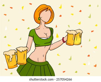 Young leprechaun girl in modern dress holding beer in both hands for Happy St. Patrick's Day celebration.