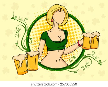 Young leprechaun girl in modern dress holding beer in both hands for Happy St. Patrick's Day celebration.