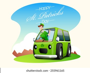 Young leprechaun in a green truck for parade of Happy St. Patrick's Day celebration.