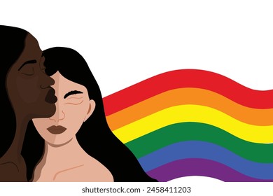 A young lesbian couple with pride flag.