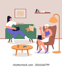 Young lesbian couple spend time together at home. A woman sits on a sofa with a cat on his knees. Female Character Sitting on chair with Laptop. Home Office. Lifestyle after quarantine. Eps 10.