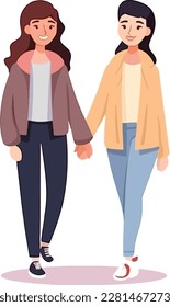 Young lesbian gay couple holding hands romantic vector illustration