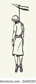 Young lethal jail life old Israel Jewish male Judas white sky. Dark black hand drawn sketch art cruel unhappy human girl neck hung trap stress evil node law wood torture sign icon retro war concept