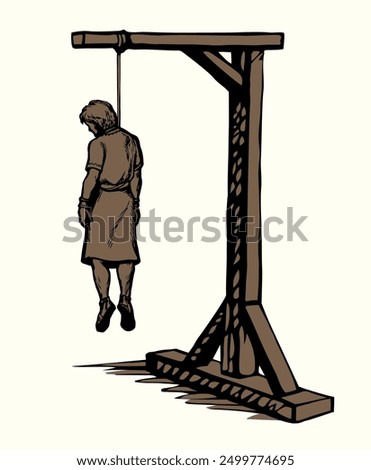 Young lethal jail life old Israel Jewish male Judas white sky. Dark black hand drawn sketch art cruel unhappy human girl neck hung trap stress evil node law wood torture sign icon retro war concept