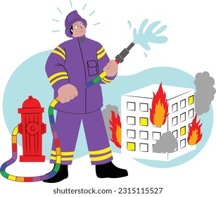 A young LGBT firefighter using rainbow like water pipe to fight against fire. Building on fire.
 Red fire hydrant. A symbol of gender diversity. Queer people.
