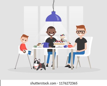 Young lgbtq family sitting at the dining table. Desserts and tea. Daily life / flat editable vector illustration, clip art