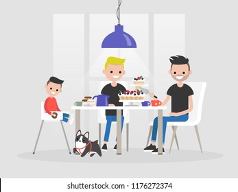 Young lgbtq family sitting at the dining table. Desserts and tea. Daily life / flat editable vector illustration, clip art