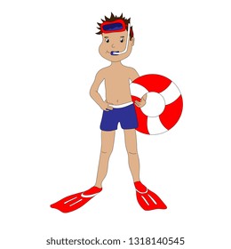 Young lifeguard. A boy in underwater mask and flippers holding a lifebuoy.