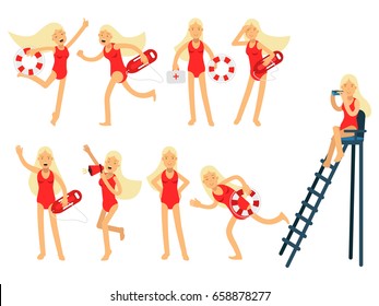 Young lifeguard woman character doing her job set. Water rescue of colorful vector Illustrations