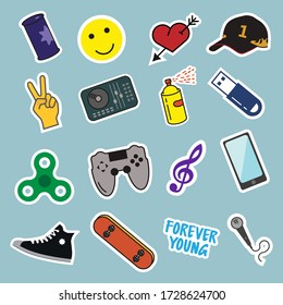 Young lifestyle sticker set (USD flesh card, hat, love heart, victory sign, videogames, microphone, smartphone, paint can and etc.)