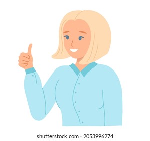 Young light-skinned blonde shows her thumbs up, portraying friendliness and approval. Illustration of a young student or teenager in a shirt, isolated on a white background