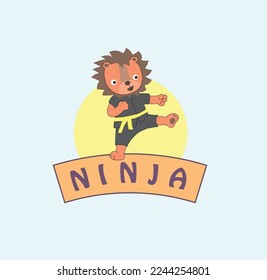 young lion in black, wearing yellow band, practicing karate.Circle and bow on background