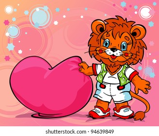 Young lion with a pillow in the form of heart