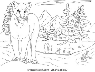 Young Lion Standing on a Hill in a Landscape - Line Drawing, A black and white line drawing featuring a young lion standing on a hilltop, looking out over a natural landscape with mountains, trees,