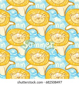 Young lions swim in sea seamless pattern. Summer baby background. Baby print, kids t-shirt design
